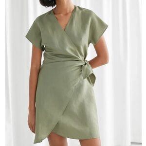 & Other Stories Paris Atelier V Neck Olive Green Linen Belt Wrap Mini Dress SZ 2